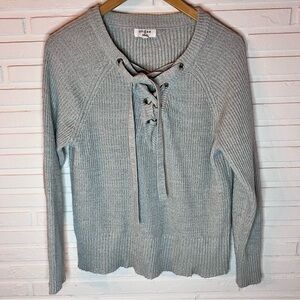 Umgee Light Gray Criss Cross Lace Up Knit Sweater, Women’s Size Medium